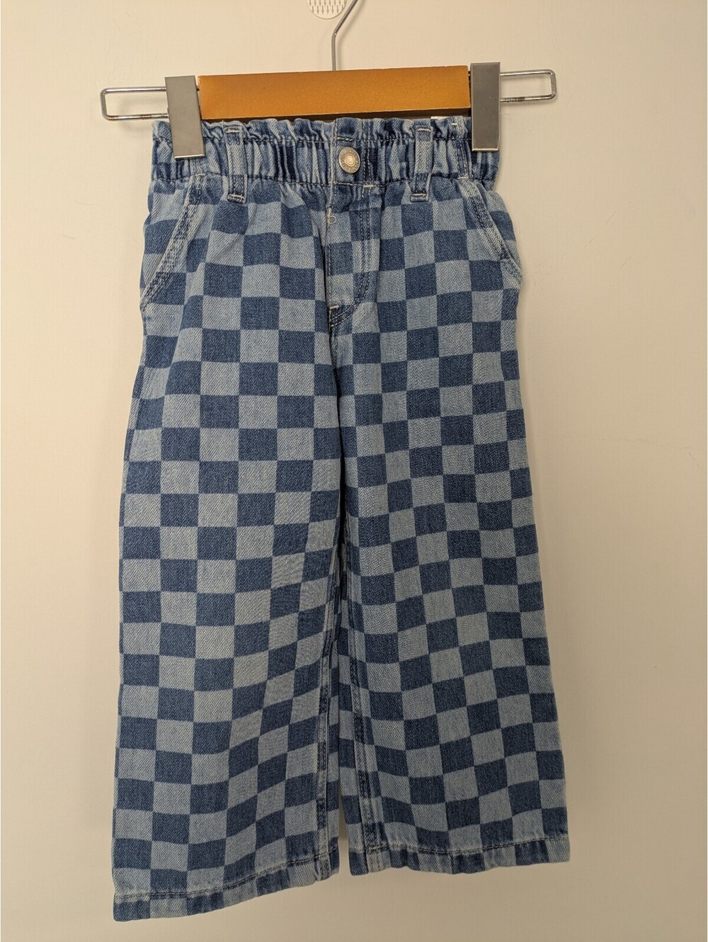 H&M Kids Blue Checkered Paperbag Waist Wide Leg Denim Jeans Toddler 2-3Y / 3T